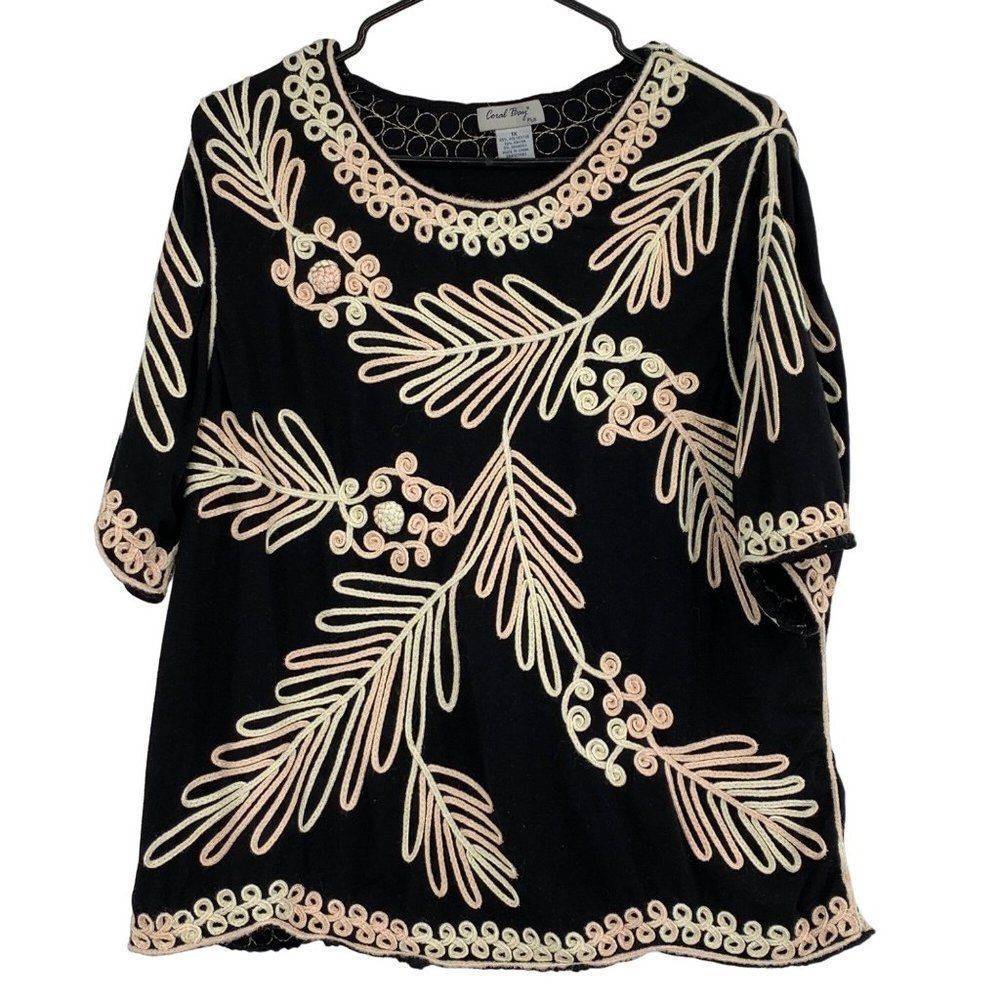 Vintage Coral Bay Embroider Top Island Fern Black Size 1X Plus 2675 Short Sleeve
